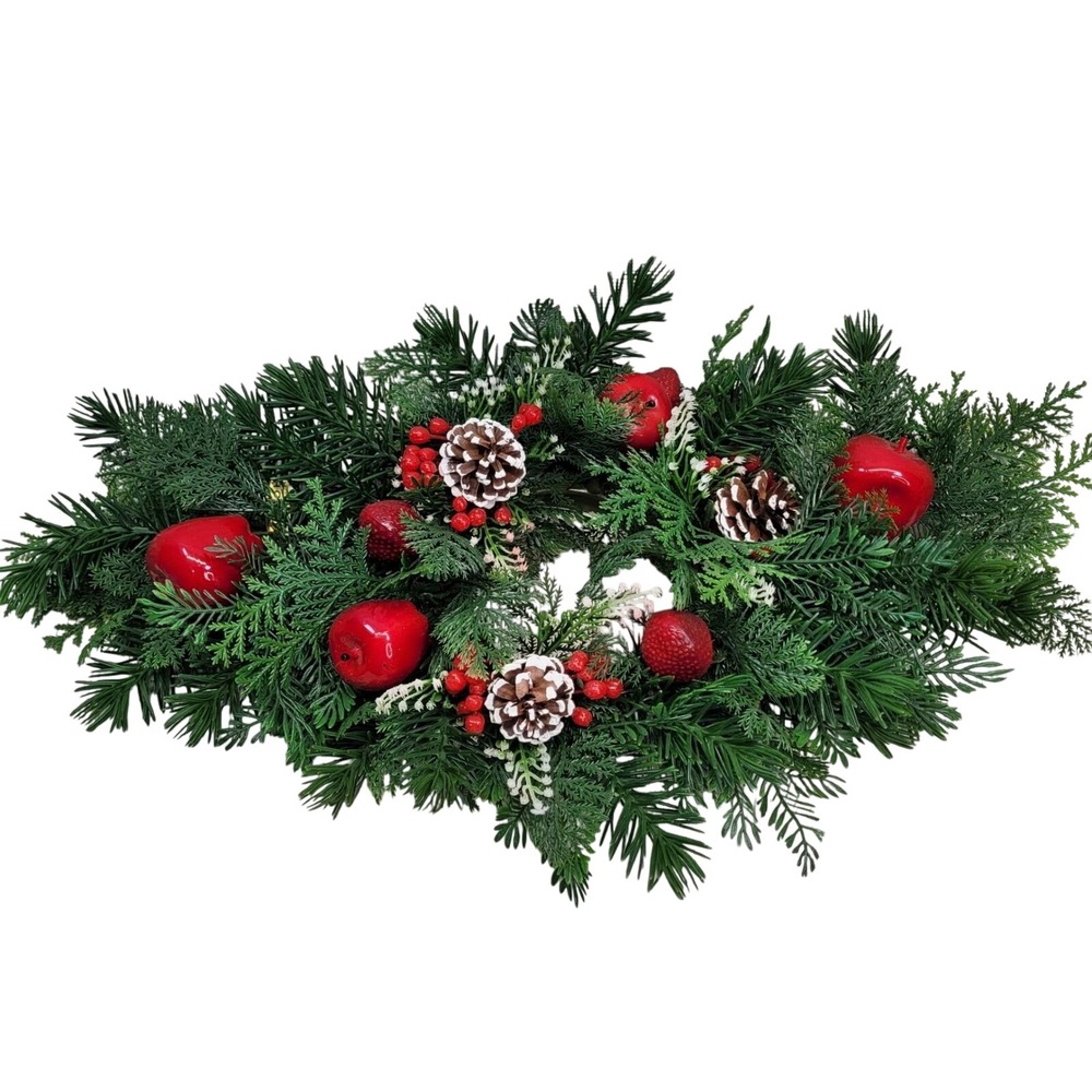HOMCO Christmas Greenery Candle Ring Centerpiece Pine Cones Red Apples Berries